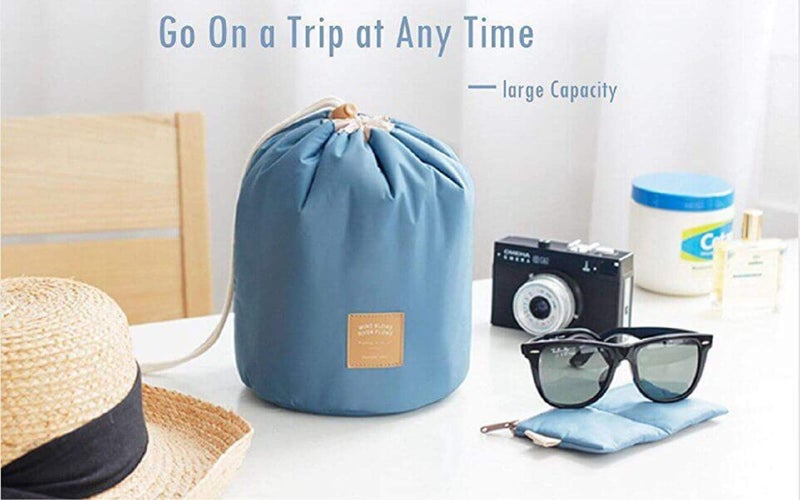 Awestuffs Barrel Shaped Travel Cosmetic Bag Large Drawstring Hanging Toiletry Packing Organizer Bag with Mini Zipper Jewelry Pocket and Clear PVC Pouch for Make-up Brush (Blue) - Image 4