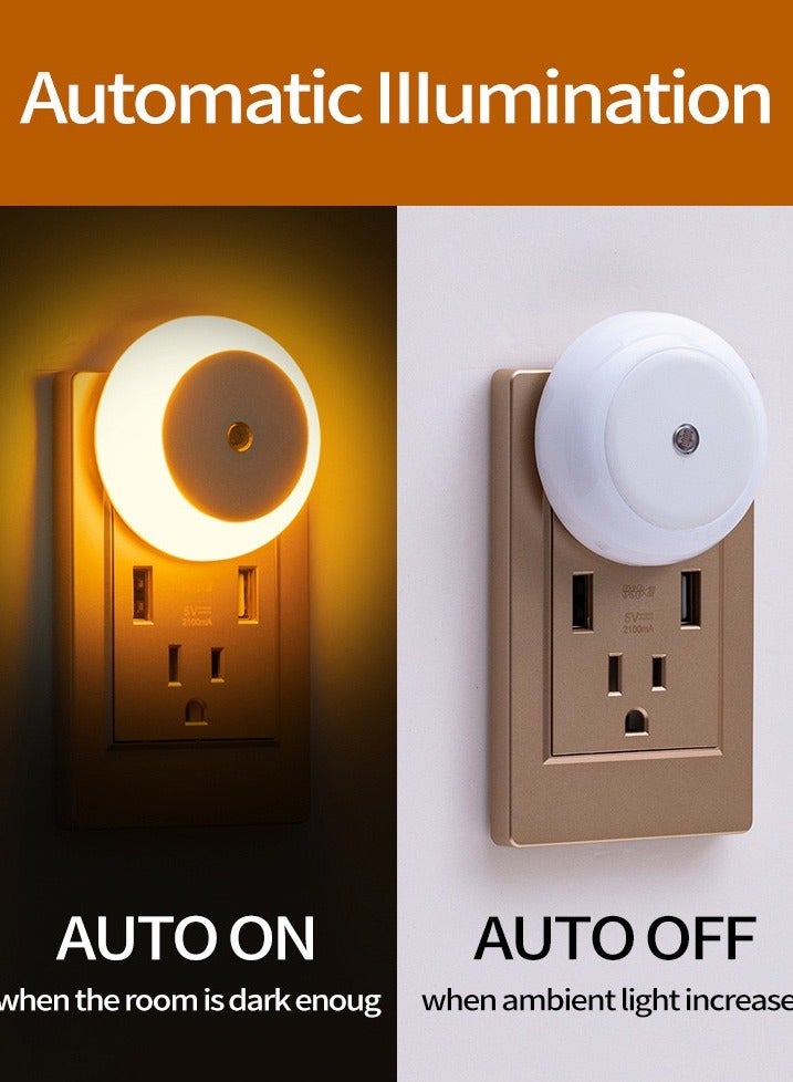 عبوة من قطعتين من مصابيح LED الليلية، يتم توصيلها بالحائط مع مستشعر من الغسق إلى الفجر (كهرماني) - تشغيل/إيقاف تلقائي، مصباح أبيض دافئ موفر للطاقة للأطفال والكبار والممرات والسلالم والمطبخ والحمام وغرفة النوم - Image 1