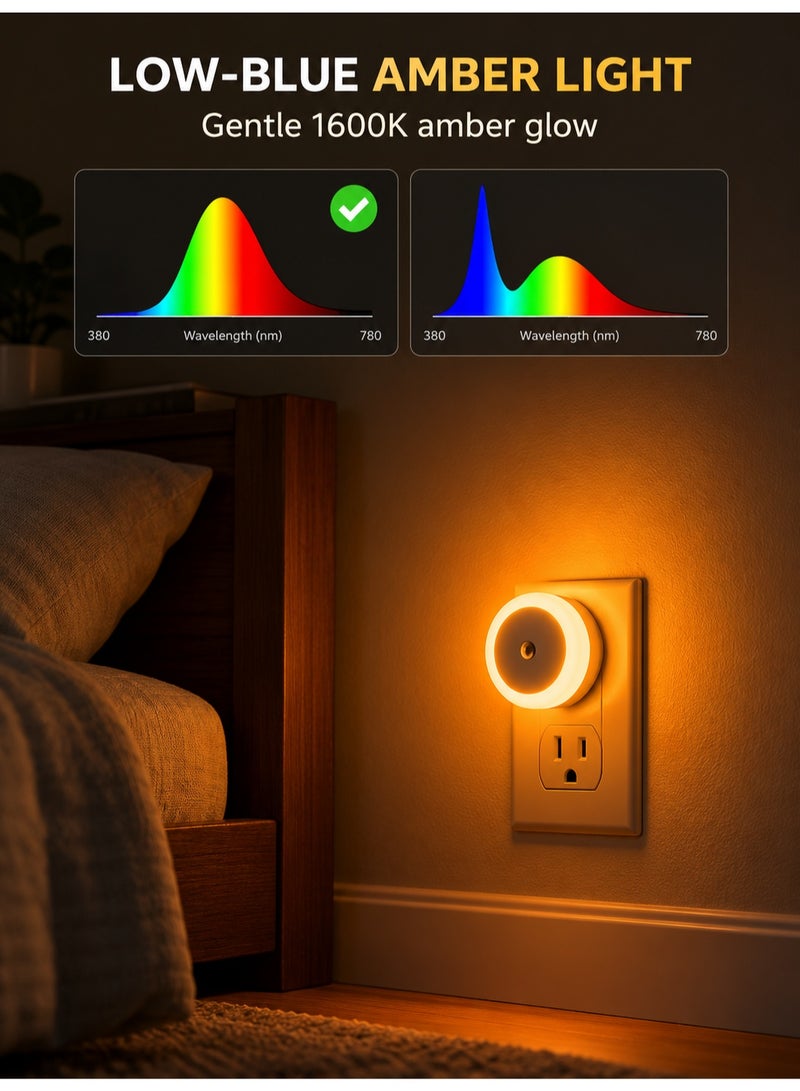 Norello 2-Pack LED Night Light Plug into Wall, Dusk to Dawn Light Sensor Wall Lamp, Auto On/Off Automatic Dimming Amber Warm Light Night Lights for Baby Nursery, Kids Bedroom, Bathroom, Hallway, Stairway, Kitchen - Image 3