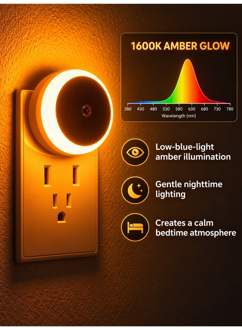 Norello 2-Pack LED Night Light Plug into Wall, Dusk to Dawn Light Sensor Wall Lamp, Auto On/Off Automatic Dimming Amber Warm Light Night Lights for Baby Nursery, Kids Bedroom, Bathroom, Hallway, Stairway, Kitchen - Image 4
