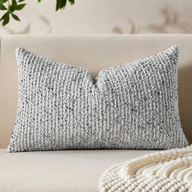 Allorry Decorative Lumbar Pillow Cover 12x20 Blue Striped Soft Wool Lumbar Throw Pillow Neutral Textured Boho Cushion Covers for Modern Farmhouse Sofa Bedroom Living Room Decor SY011-C12 - Image 1