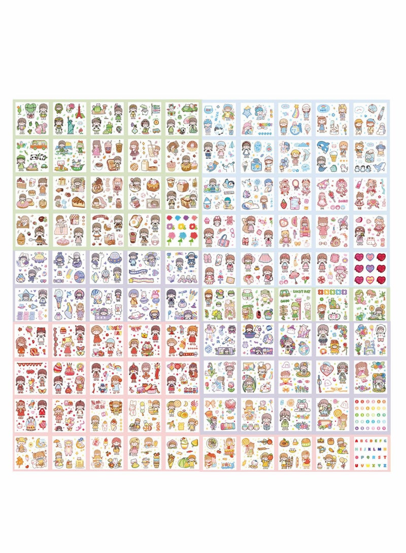 Stickers Set, 100 Pcs Cute Cartoon Girl Animal Stickers, Kawaii Transparent PET Planner Sticker Sheets for Scrapbooking Bullet Journaling, Diary, DIY Arts Crafts, Al, Calendars Notebook Decorative