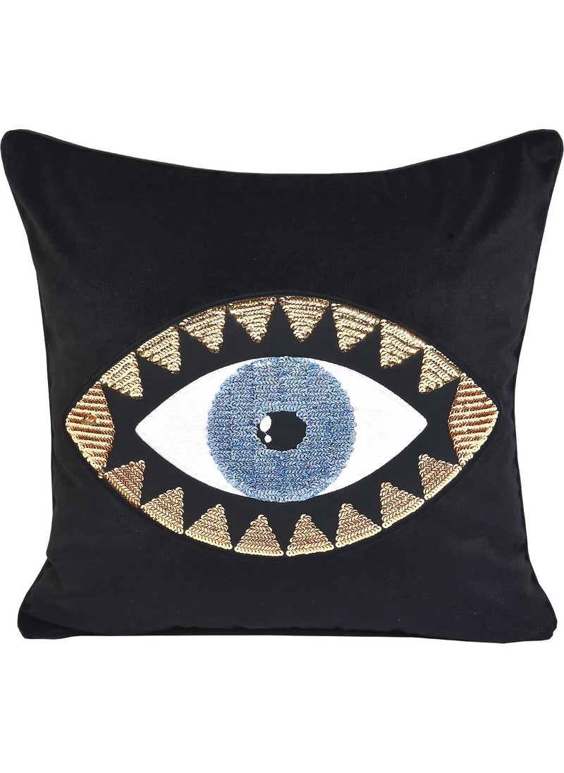 Ge Living Black Velvet Blue Eye Embroidered Pillow Case  - Image 1
