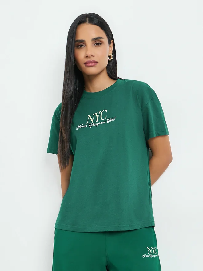 Styli Green NYC Slogan Print Cotton T-Shirt