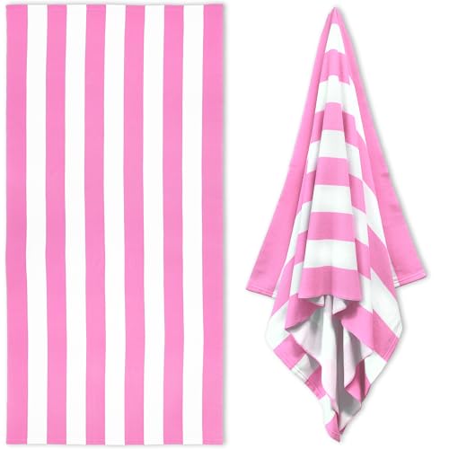 HENBAY Large Oversized Beach Towel - 35 x 70 Inch Microfiber Pool Towel, Pink Striped Quick Dry Cabana Swim Towel - Image 1