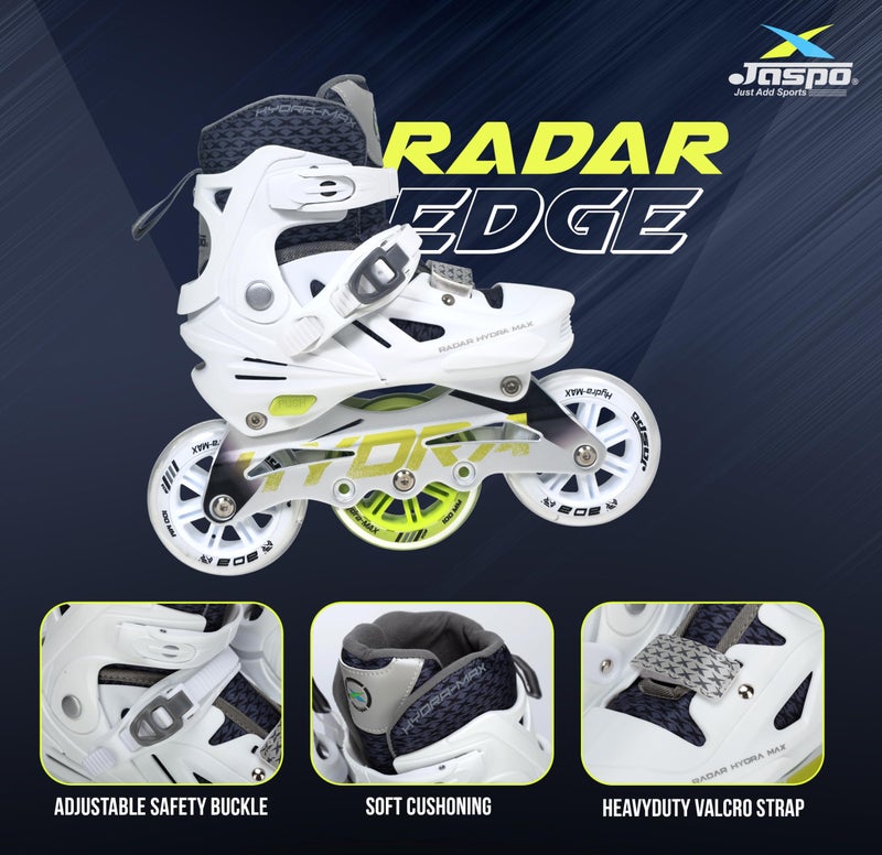 Jaspo Radar Edge 100 mm Adjustable Hard-Boot Inline Shoe Skates Aluminium Frame ABEC-7 Bearing, 80A Hardness PU Wheels, Soft Cushioned Inner Shoe for All Age Groups White, Extra Large(26-28.5 cms) - Image 3