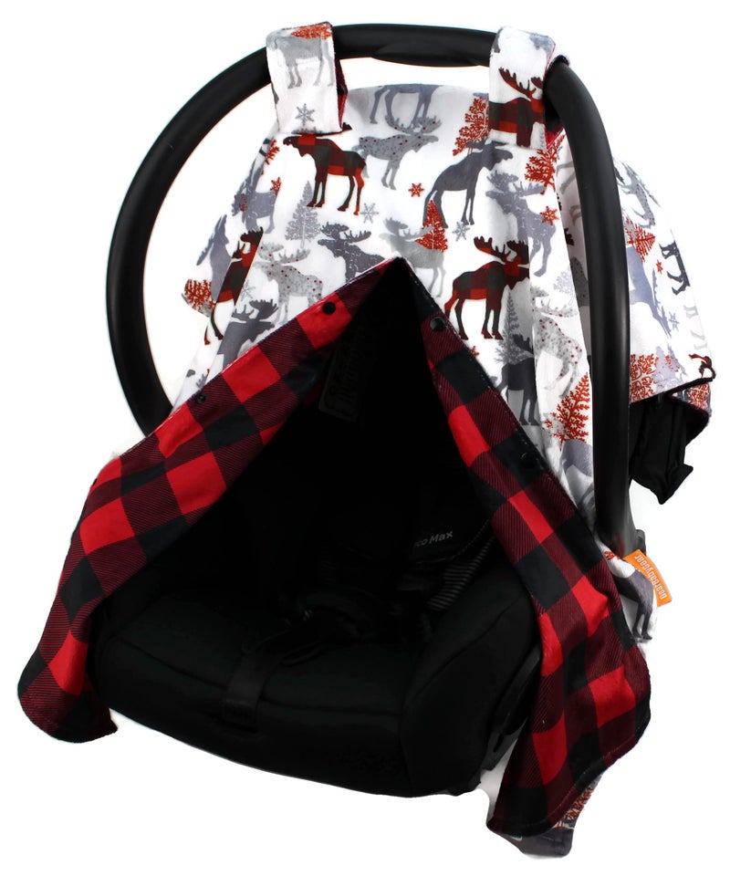 Dear Baby Gear Car Seat Canopy - Unisex Infant Car Seat Cover - Soft and Breathable Fabric - Fits Most Carseats - Winter Moose/Red Black Plaid - 40"x30" - Image 1