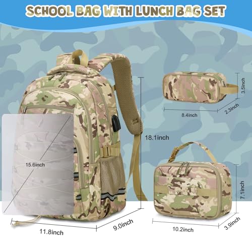 ACESAK Camo Backpack for Boys Tactical Kids Backpack Boys School Bags for Boy Children Teens Kids Elementary Middle High School Military Bookbag and Lunch Bag Pencil Case Set with USB Charging Port - Image 3