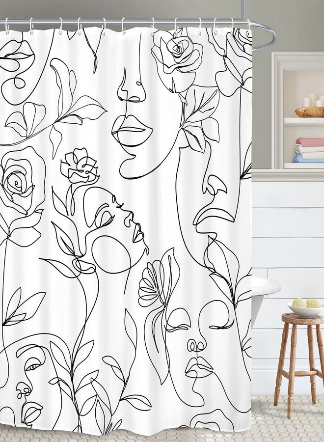 Yookeb Abstract Women Face Bathroom Shower Curtain 60W by 71H Inch Minimalist Modern Line Art Black White Rose Contemporary Polyester Fabric 12 Plastic Hooks Waterproof Decor - Image 1