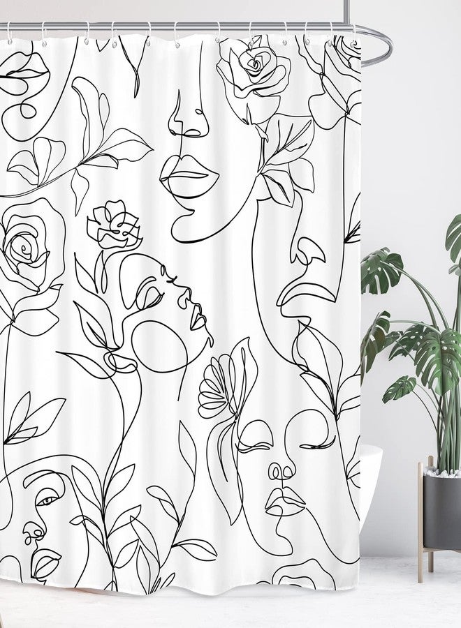 Yookeb Abstract Women Face Bathroom Shower Curtain 60W by 71H Inch Minimalist Modern Line Art Black White Rose Contemporary Polyester Fabric 12 Plastic Hooks Waterproof Decor - Image 2