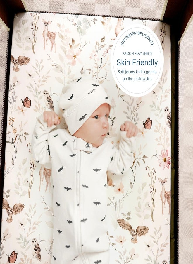 GRSSDER Stretchy Ultra Soft Jersey Knit Fitted Pack n Play Sheets 3 Pack, Portable/Mini Crib Sheets for Girls, Universal Fit for Pack N Plays Safe and Snug, Beautiful Blush Pink Floral and Cute Animals Print - Image 2