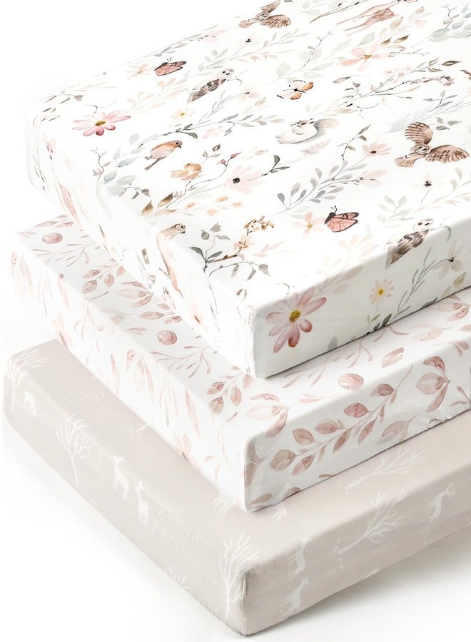 GRSSDER Stretchy Ultra Soft Jersey Knit Fitted Pack n Play Sheets 3 Pack, Portable/Mini Crib Sheets for Girls, Universal Fit for Pack N Plays Safe and Snug, Beautiful Blush Pink Floral and Cute Animals Print - Image 1