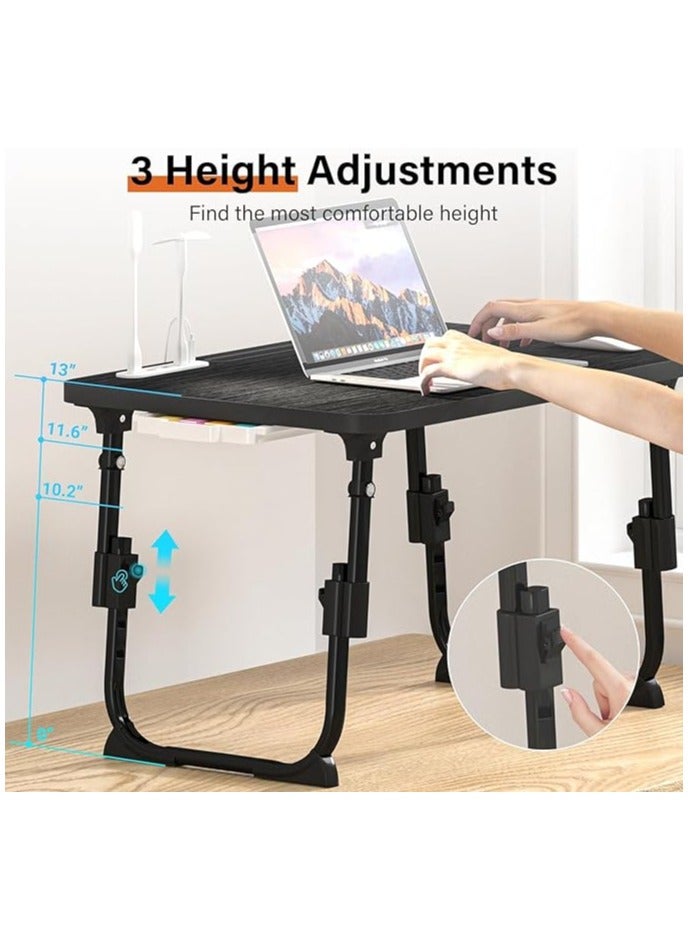 Green Tiger Laptop Desk for Bed Height Adjustable, Lap Bed Table with USB/Storage Drawer/Cup Holder/Tablet Stand/Book Shelf, Foldable Breakfast Tray Portable for Reading Writing, Bed, Sofa & Floor (Black) - Image 4