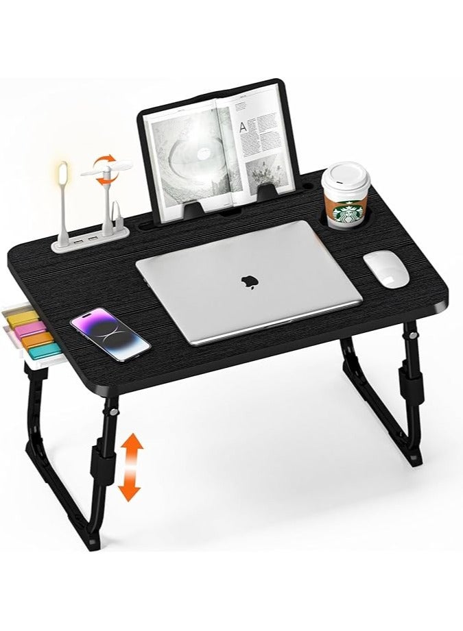 Green Tiger Laptop Desk for Bed Height Adjustable, Lap Bed Table with USB/Storage Drawer/Cup Holder/Tablet Stand/Book Shelf, Foldable Breakfast Tray Portable for Reading Writing, Bed, Sofa & Floor (Black) - Image 5