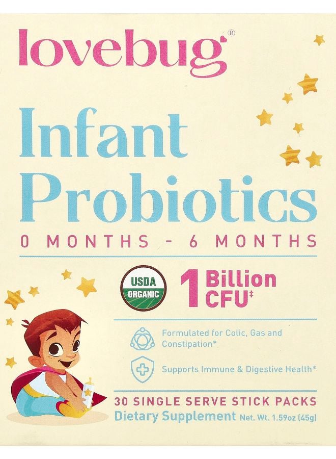 LoveBug Probiotics Infant Probiotics 0-6 Months 1 Billion CFU 30 Single Serve Stick Packs 0.05 oz (1.5 g) Each
