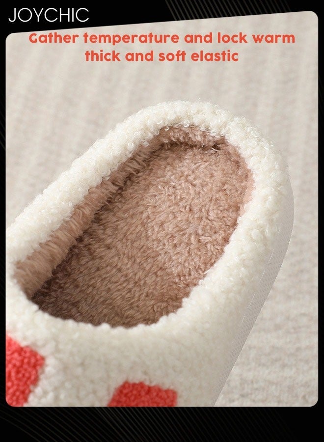 Joychic Checkerboard Lattice Design Bedroom Slippers for Women Plush Fuzzy Cozy House Slippers Autumn and Winter Warm Indoor Outdoor Lightweight Soft Flat Slides White+Red  - Image 2