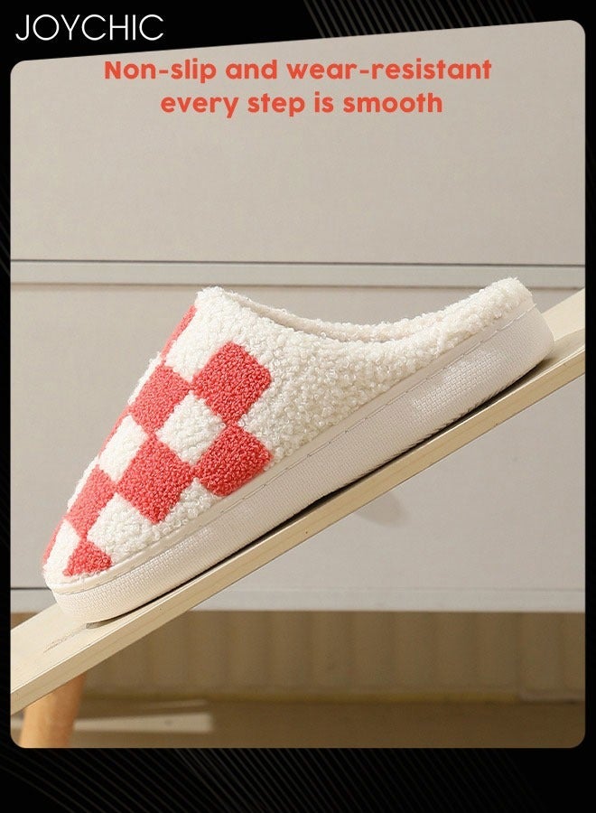 Joychic Checkerboard Lattice Design Bedroom Slippers for Women Plush Fuzzy Cozy House Slippers Autumn and Winter Warm Indoor Outdoor Lightweight Soft Flat Slides White+Red  - Image 3