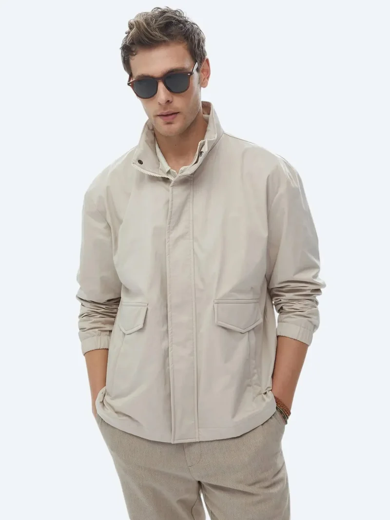 Kip Beige Oversize Fit Turtleneck Casual Weaving Coat