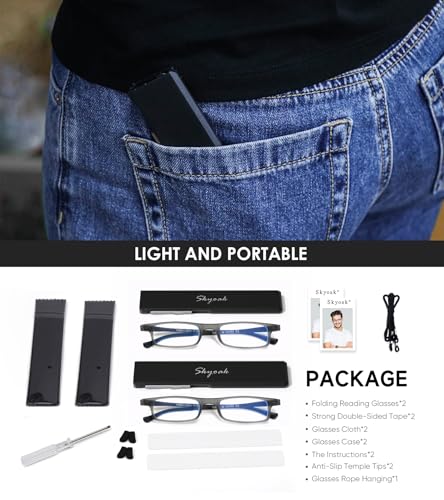 SKYOAK 2 Pack Ultra thin Lightweight Folding Reading Glasses Women Men TR90 Blue Light Blocking Anti UV/Eyestrain Foldable Compact Computer Readers Portable Unique Stretchable Slim Flat case Gunmetal, +2.5 - Image 4