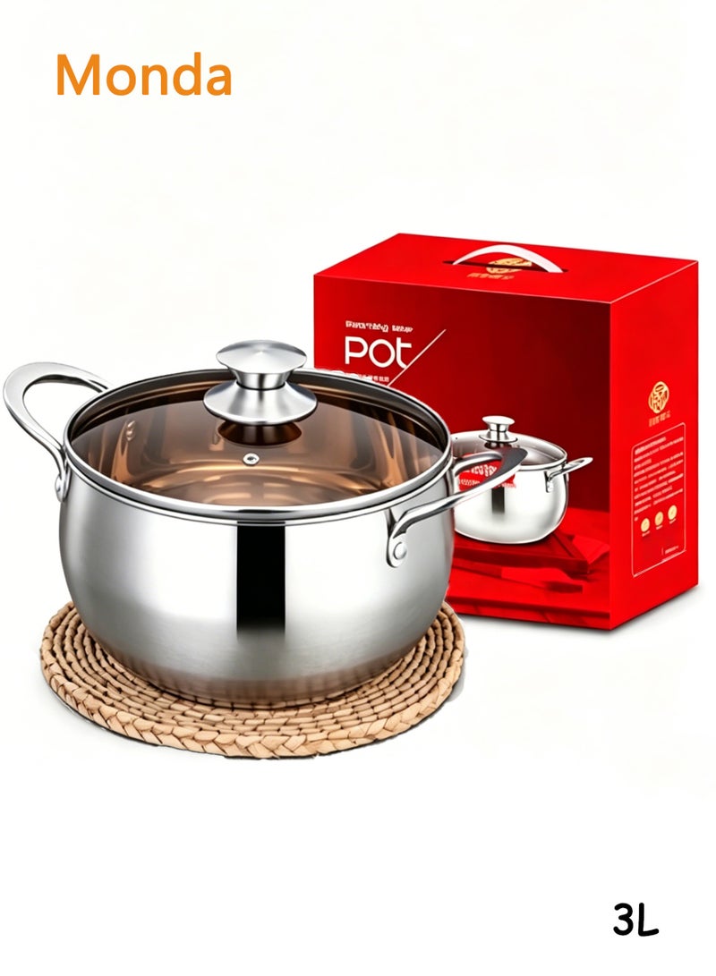 Monda Stainless Steel Saucepan with Glass Lid 3L – Heavy Duty Milk & Soup Pot, Induction Compatible, Heat Resistant Double Handles, Durable Kitchen Cooking Pot - Image 1