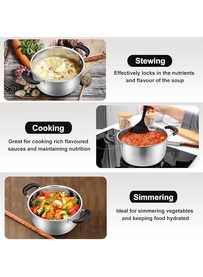 Monda Stainless Steel Saucepan with Glass Lid 3L – Heavy Duty Milk & Soup Pot, Induction Compatible, Heat Resistant Double Handles, Durable Kitchen Cooking Pot - Image 2