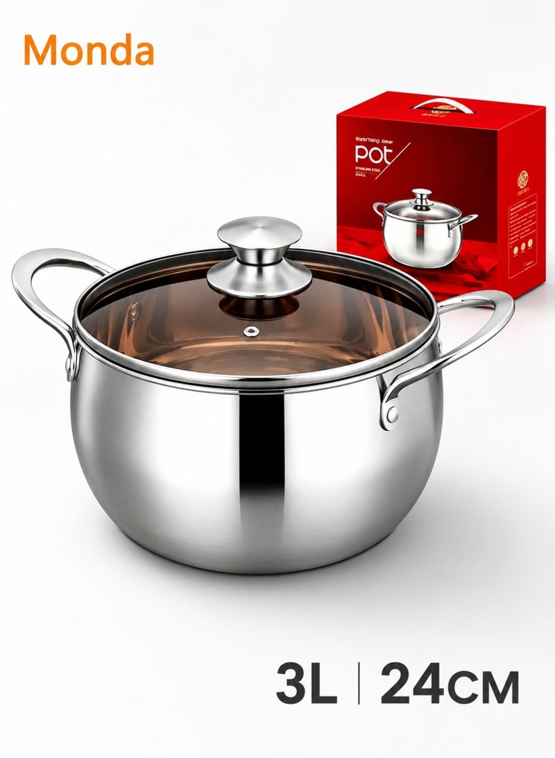Monda Stainless Steel Saucepan with Glass Lid 3L – Heavy Duty Milk & Soup Pot, Induction Compatible, Heat Resistant Double Handles, Durable Kitchen Cooking Pot - Image 1