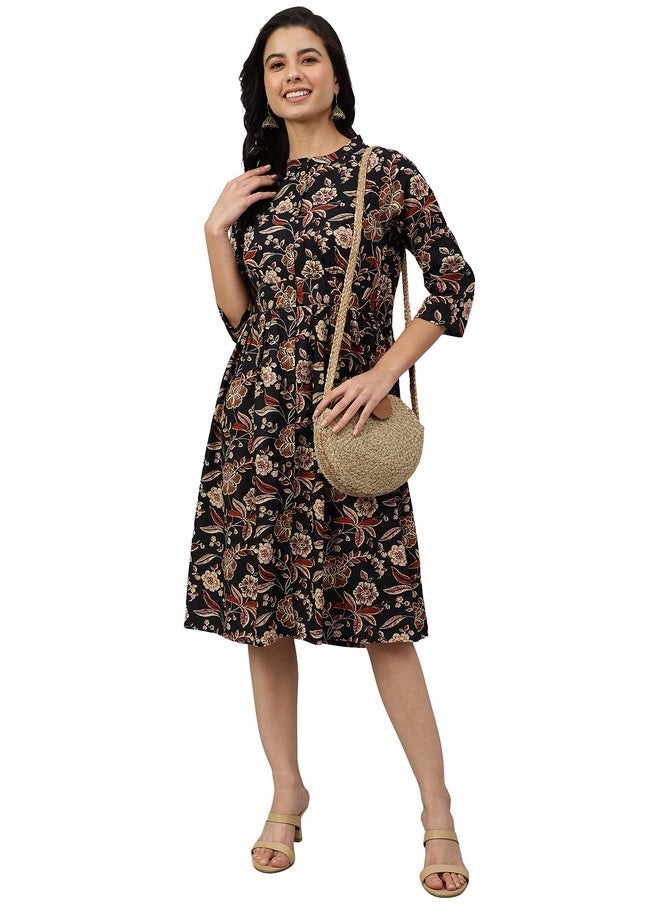 Janasya - Janasya Women's Black Cotton Floral Print Flared Western Dress - Image 1