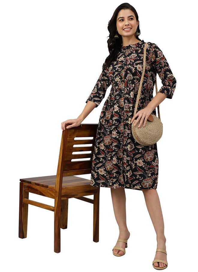 Janasya - Janasya Women's Black Cotton Floral Print Flared Western Dress - Image 1