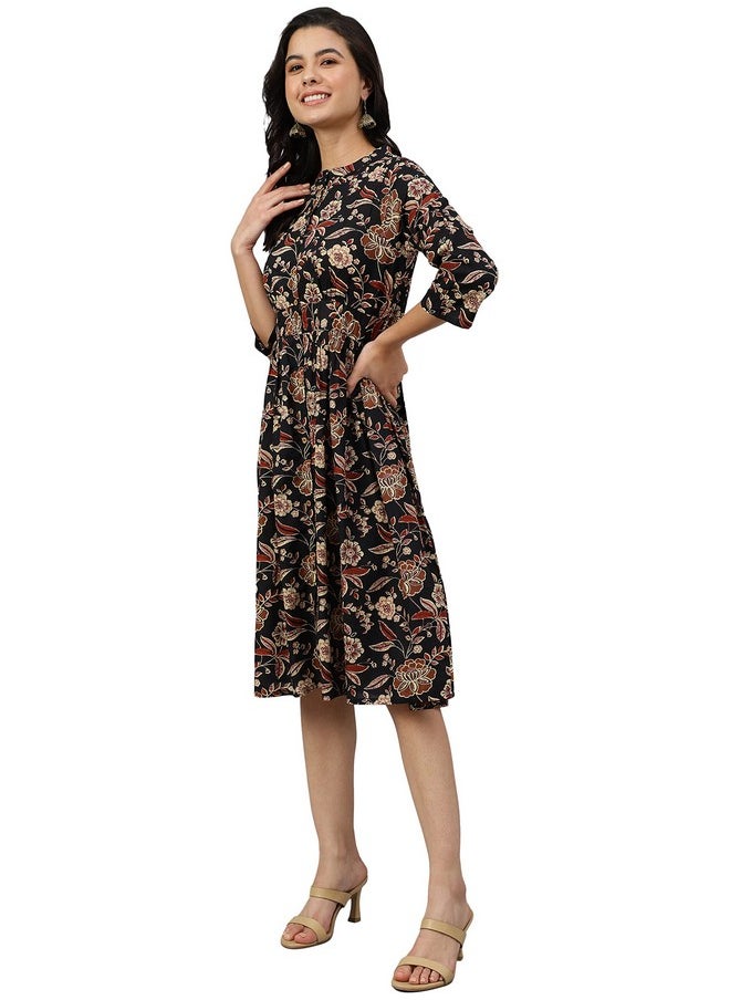 Janasya - Janasya Women's Black Cotton Floral Print Flared Western Dress - Image 1