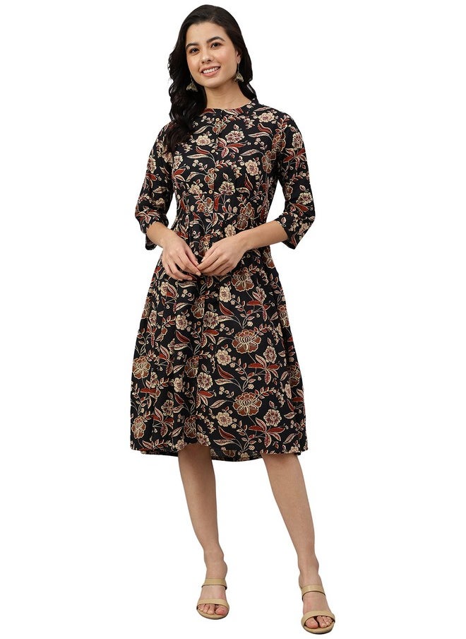 Janasya - Janasya Women's Black Cotton Floral Print Flared Western Dress - Image 1