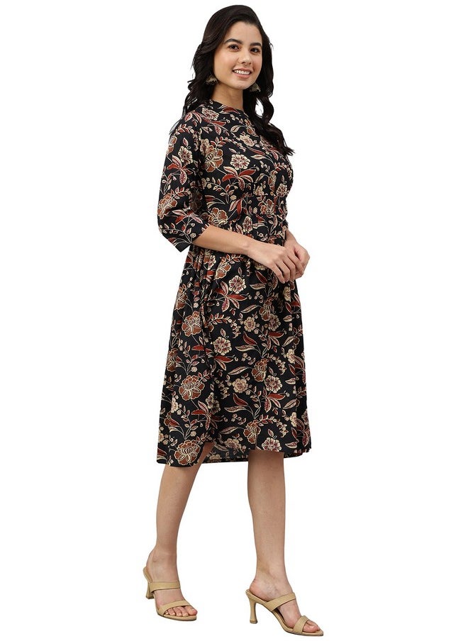 Janasya - Janasya Women's Black Cotton Floral Print Flared Western Dress - Image 1