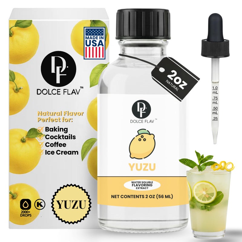 Dolce Flav Natural Yuzu Flavoring - Bright, Citrusy Japanese Lemon-Grapefruit Taste | 2 oz Extract for Baking, Beverages & Desserts | Graduated Dropper Included | Water-Soluble & Kosher | Made in USA - Image 1