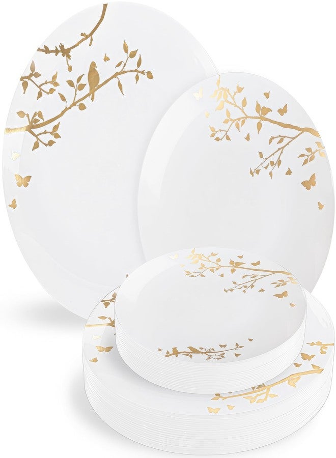 Blue Sky Spring Collection White with Gold Floral Design Combo Plate Set - (7.5" - 16 Count, 10" - 16 Count) Disposable Plastic Plates for Parties & Events - Image 1
