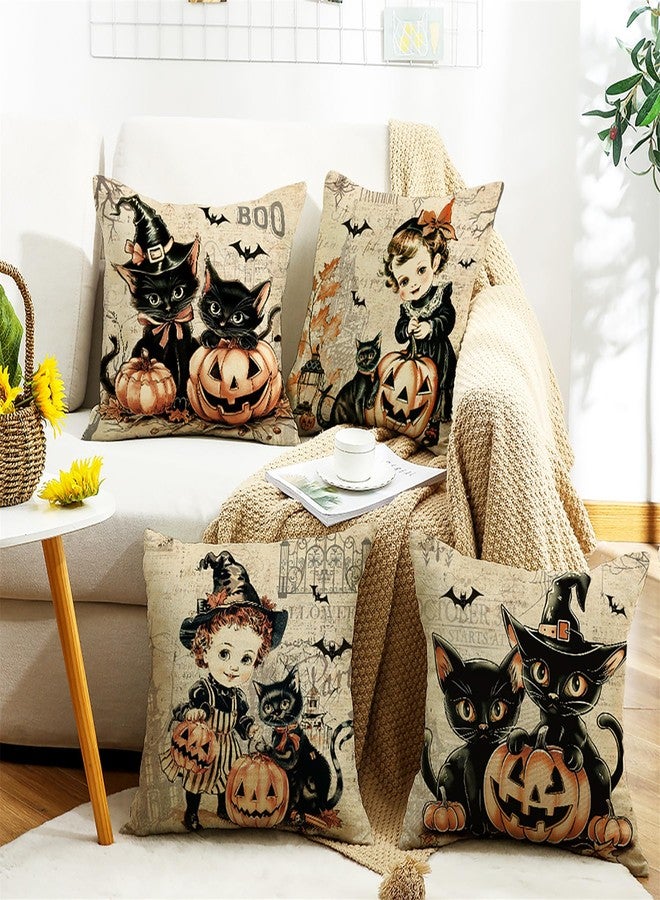 Ni-JASW Vintage Halloween Throw Pillow Covers 18x18 inch, Retro Girls Cats Pillow Cases for Couch Sofa Decor Set of 4 - Image 5