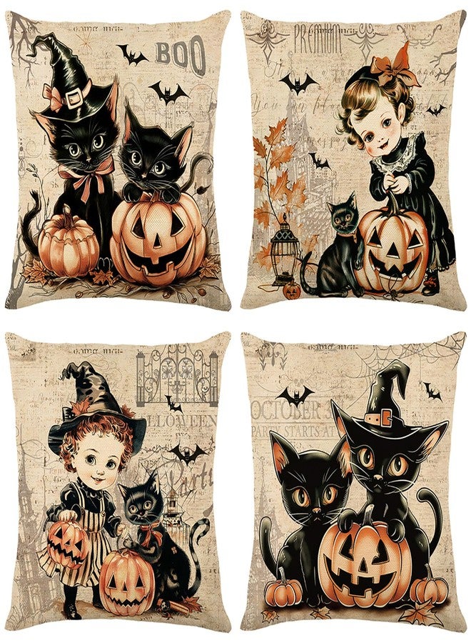 Ni-JASW Vintage Halloween Throw Pillow Covers 18x18 inch, Retro Girls Cats Pillow Cases for Couch Sofa Decor Set of 4 - Image 1