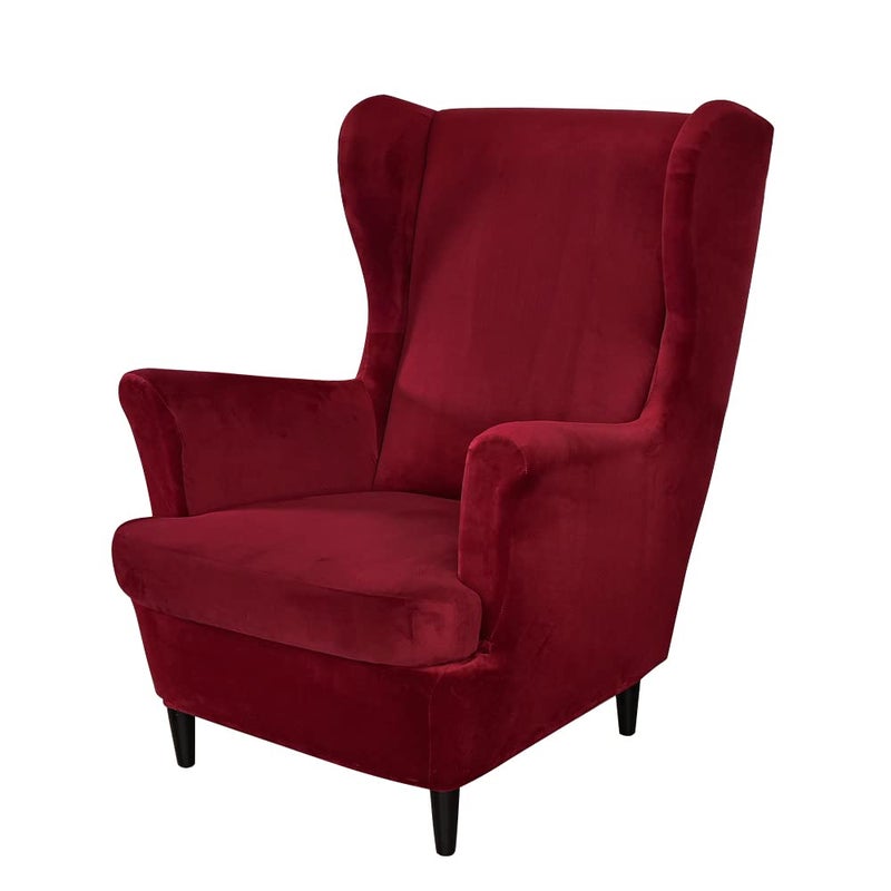 PENDEJATO Wing Chair Slipcovers 2 Piece Stretch Wingback Chair Cover Soft Velvet Armchair Covers with Elastic Bottom for Living Room Bedroom Wine red