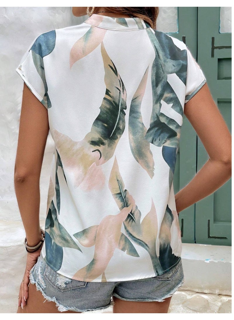 SHEIN Graphic Print Notched Neck Batwing Sleeve V Neck Blouse White Summer Casual - Image 2