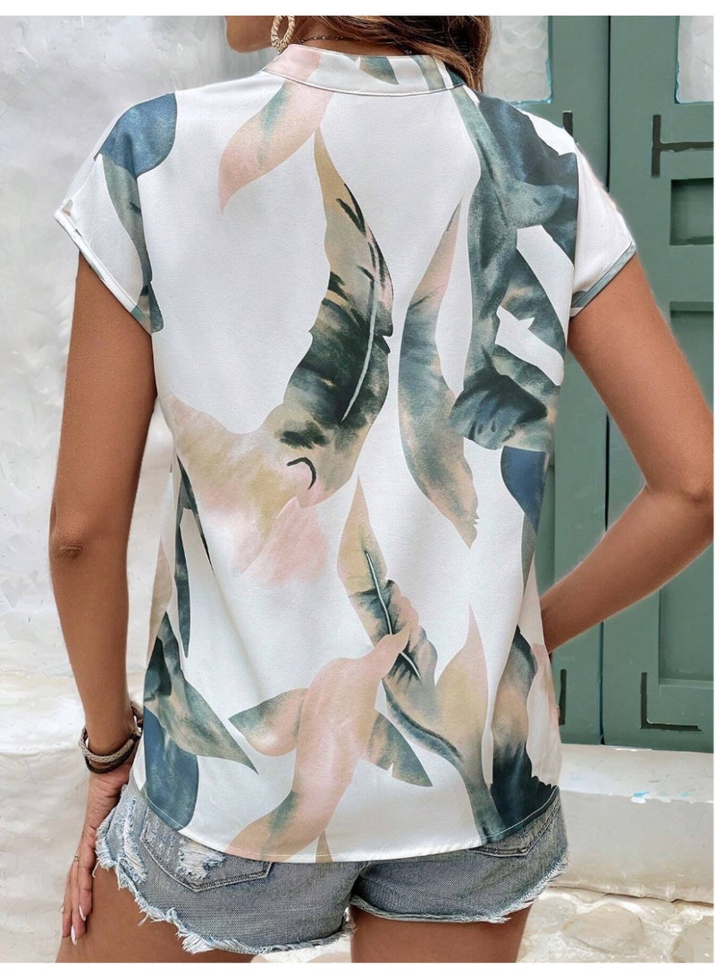SHEIN Graphic Print Notched Neck Batwing Sleeve V Neck Blouse White Summer Casual - Image 3