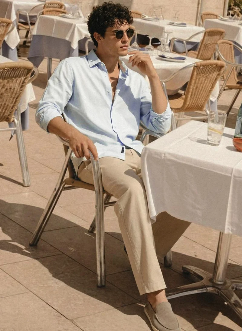 Light Blue Poly Cotton Solid Button Down Regular Shirt For Men