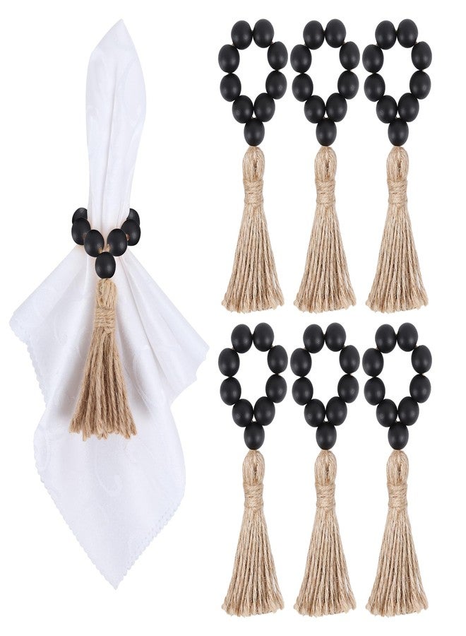 Meplait 6 Pieces Wooden Bead Napkin Rings - Farmhouse Stretchable With Tassel, Boho Style for Dining Table, Wedding Decoration (Black) - Image 1