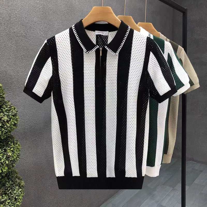Men's Half Zip Polo Shirt Retro Knitted Striped Top - Image 2