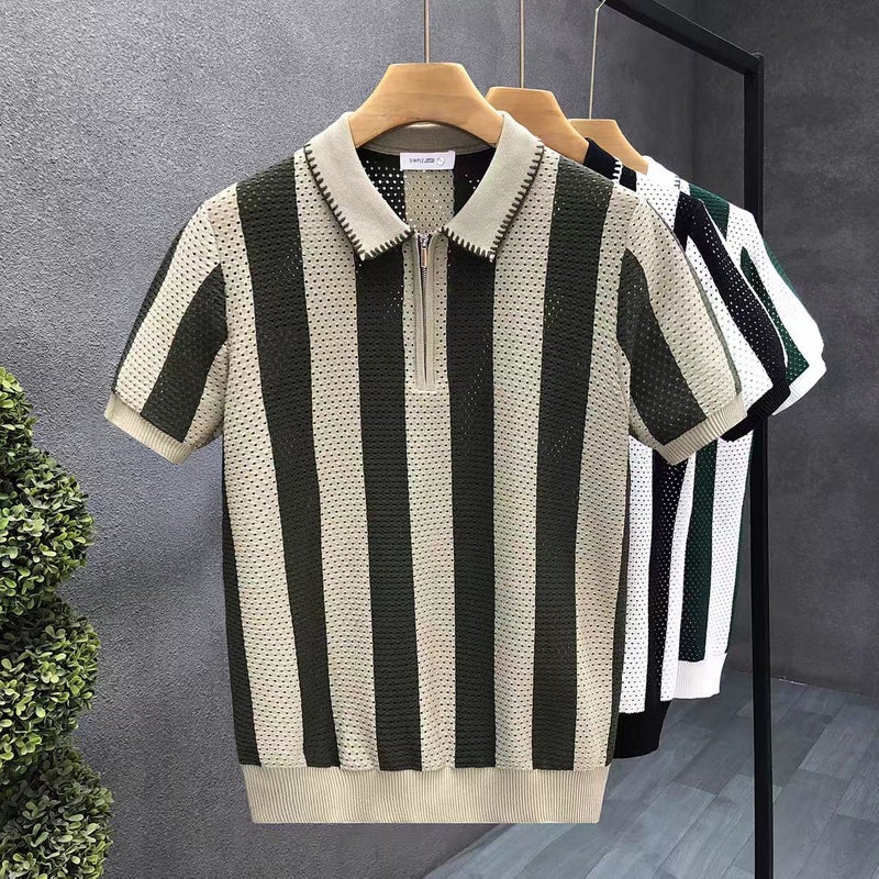Men's Half Zip Polo Shirt Retro Knitted Striped Top - Image 1