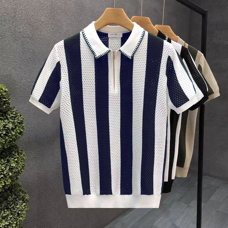 Men's Half Zip Polo Shirt Retro Knitted Striped Top - Image 3