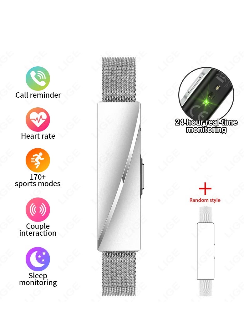لييج سوار ذكي مقاوم للماء بخاصية التفاعل بين الزوجين للرجال والسيدات، عداد الخطوات، مراقبة الصحة، جهاز تتبع اللياقة البدنية الرياضي مع حزام فضي مزدوج قابل للاستبدال - Image 1
