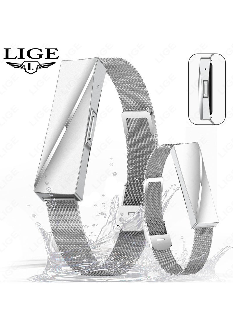 لييج سوار ذكي مقاوم للماء بخاصية التفاعل بين الزوجين للرجال والسيدات، عداد الخطوات، مراقبة الصحة، جهاز تتبع اللياقة البدنية الرياضي مع حزام فضي مزدوج قابل للاستبدال - Image 3