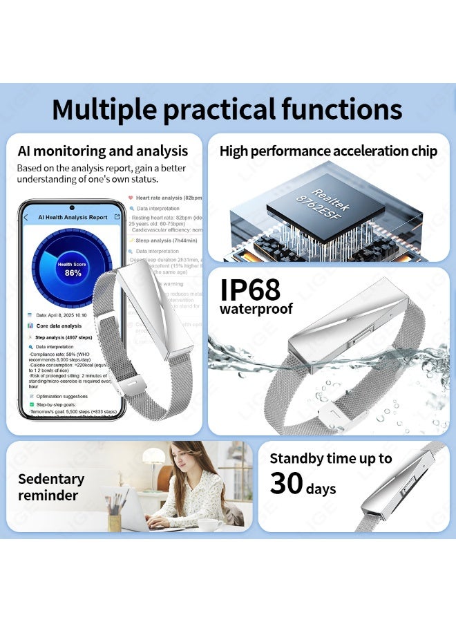 لييج سوار ذكي مقاوم للماء بخاصية التفاعل بين الزوجين للرجال والسيدات، عداد الخطوات، مراقبة الصحة، جهاز تتبع اللياقة البدنية الرياضي مع حزام فضي مزدوج قابل للاستبدال - Image 4