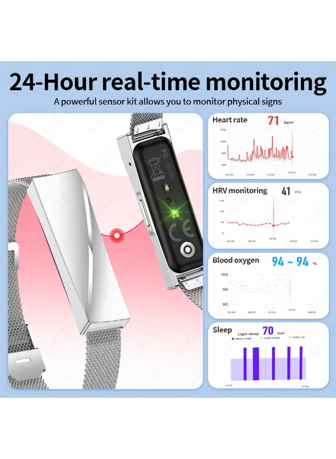 لييج سوار ذكي مقاوم للماء بخاصية التفاعل بين الزوجين للرجال والسيدات، عداد الخطوات، مراقبة الصحة، جهاز تتبع اللياقة البدنية الرياضي مع حزام فضي مزدوج قابل للاستبدال - Image 5