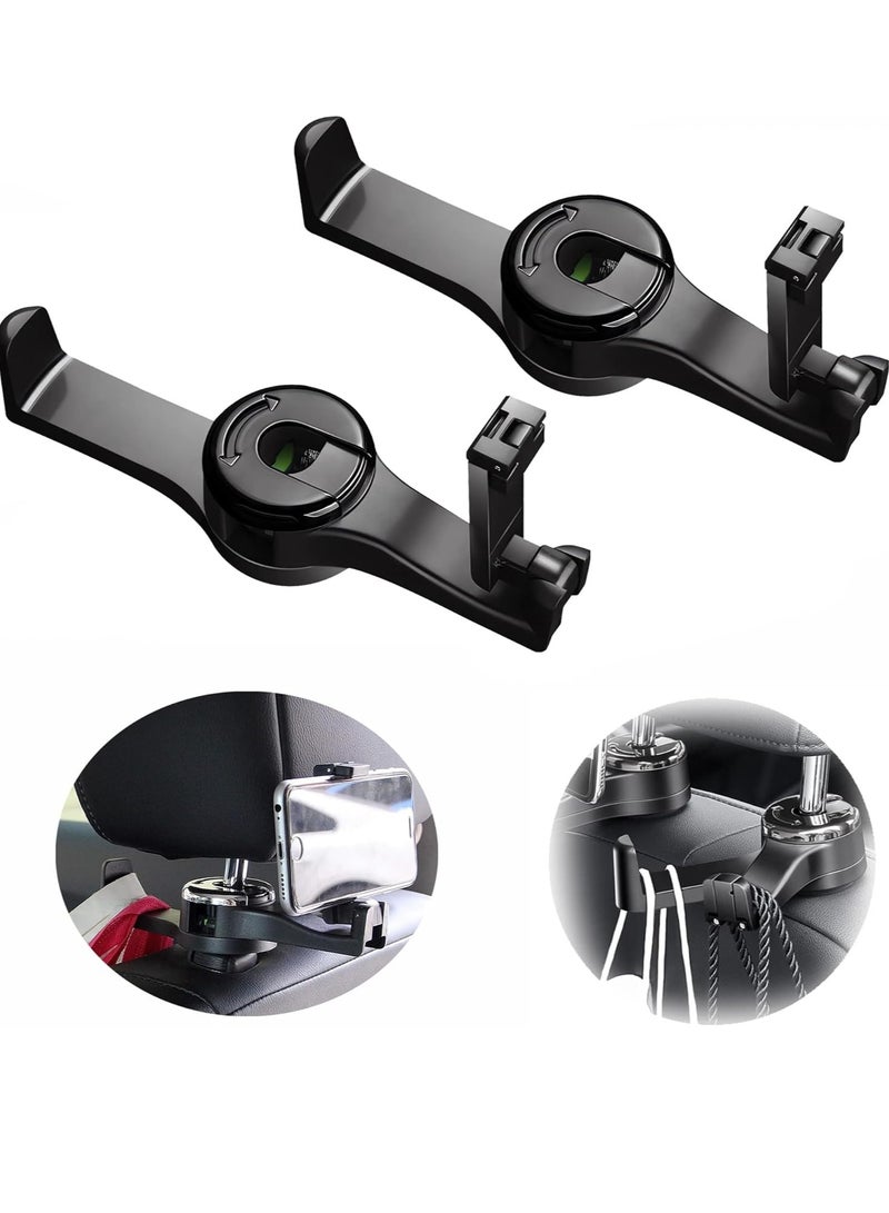 BIGTHREE 2 in 1 Car Hooks, Car Bag Hook with Headrest Phone Holder, 360°Rotatable Car Headrest Hooks, Car Accessories Purse Hook, Car Seat Storage Hook for Cloth Grocery Bag, Handbag, Black 2PCS - Image 1