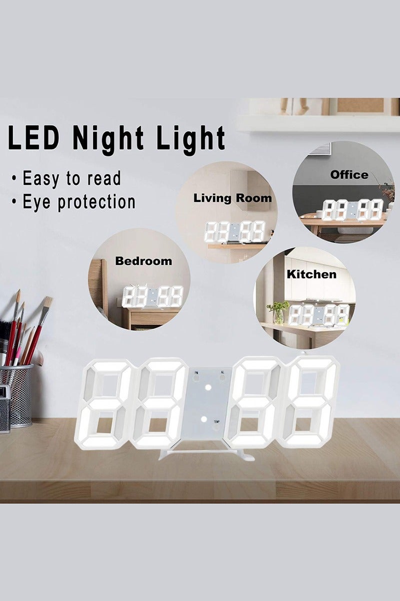 DPTER 3D Digital Alarm Clock LED Digital Wall Clock/Desk Alarm Clock for Bedroom, Living Room, Home and Office, Electric Nightlight Alarm Clock with Adjust Brightness 12H/24H Time Date Temperature Display, Great Gift for Modern Home Decoration , White - Image 3