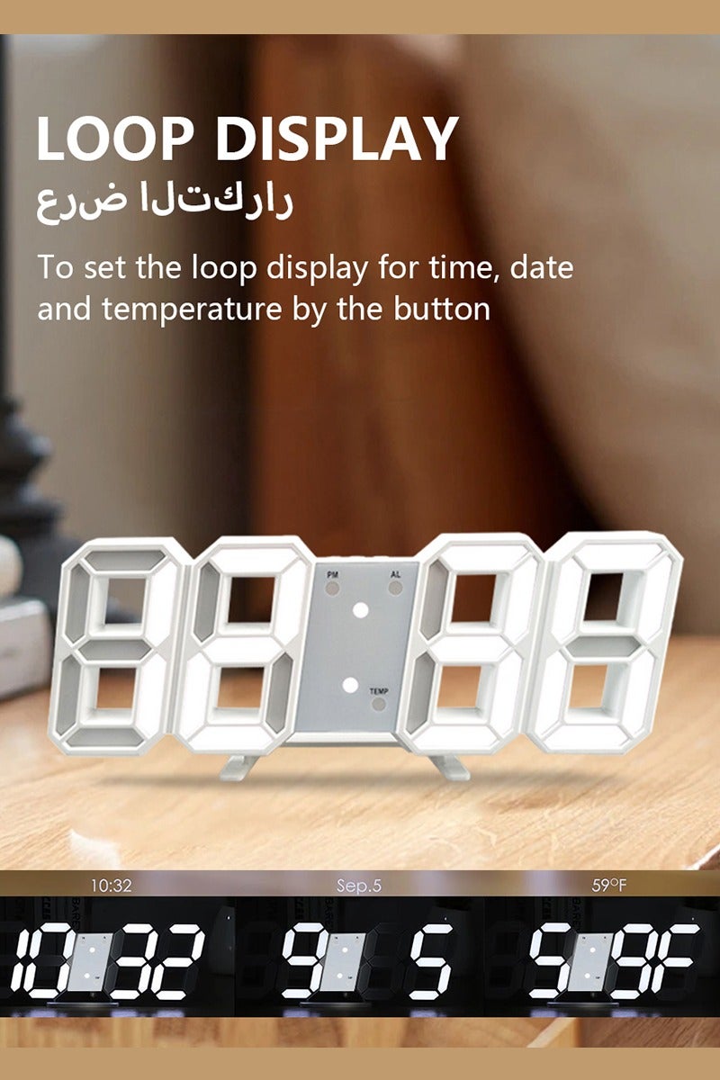 DPTER 3D Digital Alarm Clock LED Digital Wall Clock/Desk Alarm Clock for Bedroom, Living Room, Home and Office, Electric Nightlight Alarm Clock with Adjust Brightness 12H/24H Time Date Temperature Display, Great Gift for Modern Home Decoration , White - Image 5